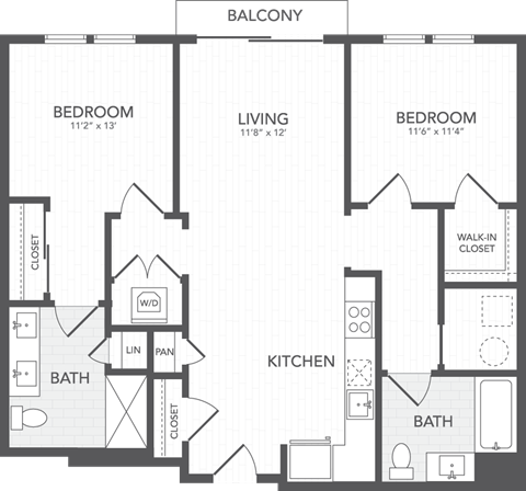 Floor plan for 2 beds, 2 baths, 1140 sqft